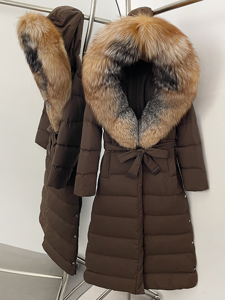 25 cross-border designer's new fox fur collar hooded down jacket for women, long style with tie up waist, slimming down puffer jacket women doudo