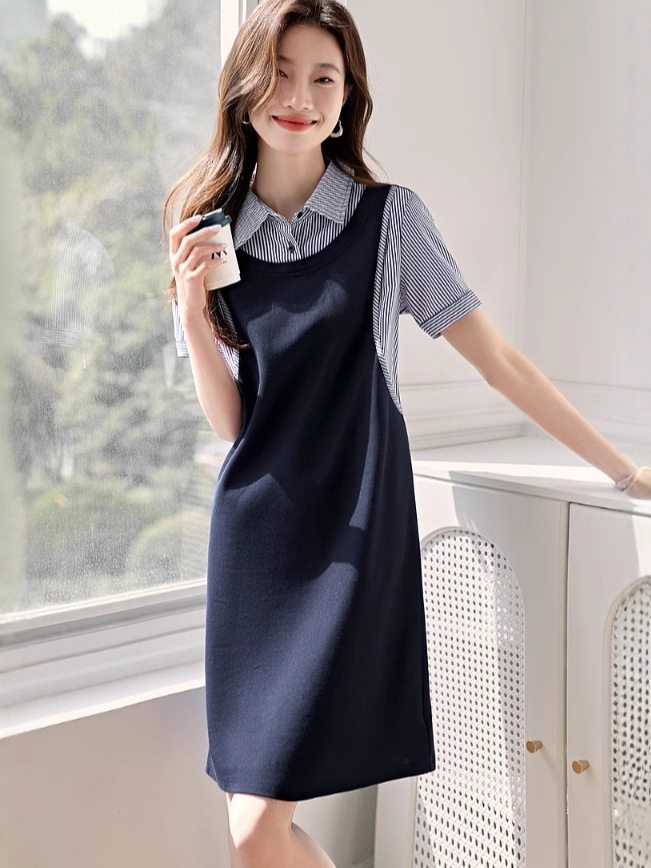 GC122 Summer new design sense of concealing flesh and slimming short sleeve midi skirt