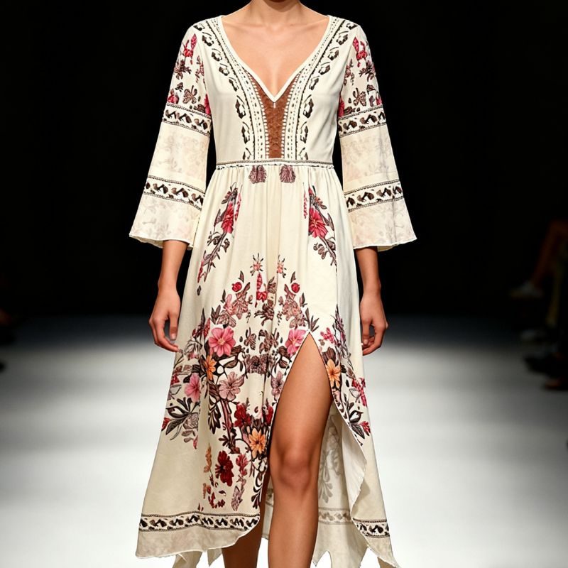 Women's Fall Bohemian Floral Print Long Sleeve Midi Dress - French Elegant Western Style Milk Silk Casual Loungewear Dress-CF52910