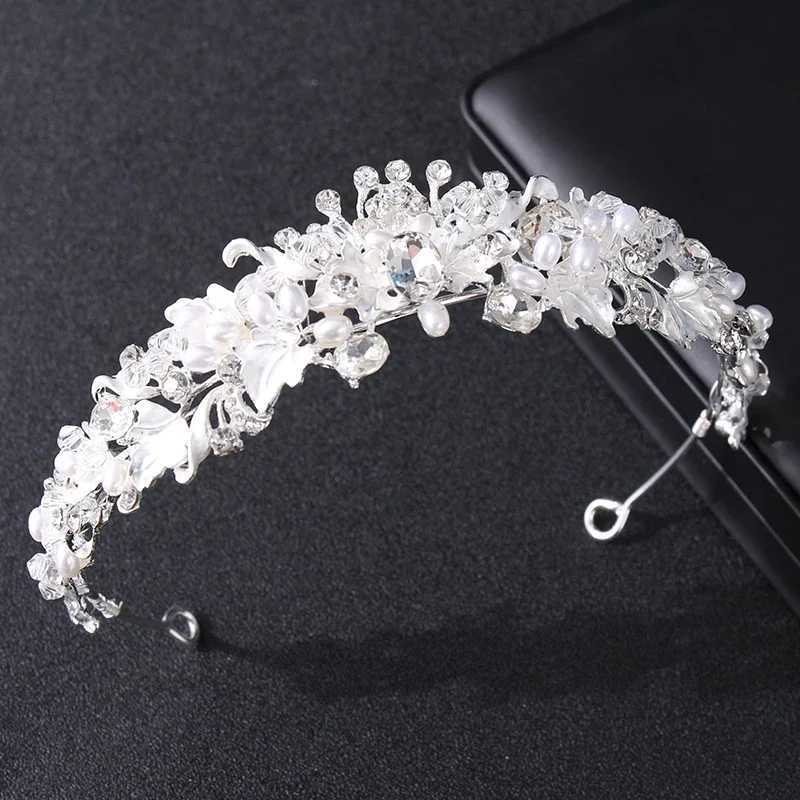 Silver color pearl crystal crown headband flower rhinestone gold tiara diadem party women bride wedding hair cessories jewelry L250928BE4T