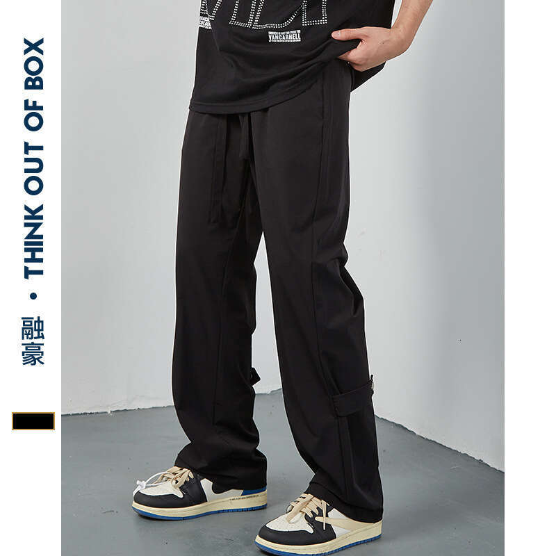 Korean Style Summer Thin Elastic Draped Straight-Leg Trousers Men's Loose Pure Black Simple Slimming Casual Long Pants B5