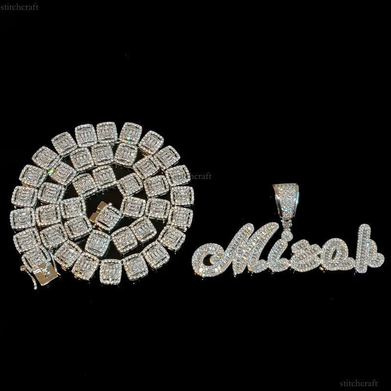 necklace moissanite chain Custom Brush Cursive Iced Out Letter Pendant Name Necklace Baguettes Chain Micro Paved CZ Personalized Hiphop Jewelry