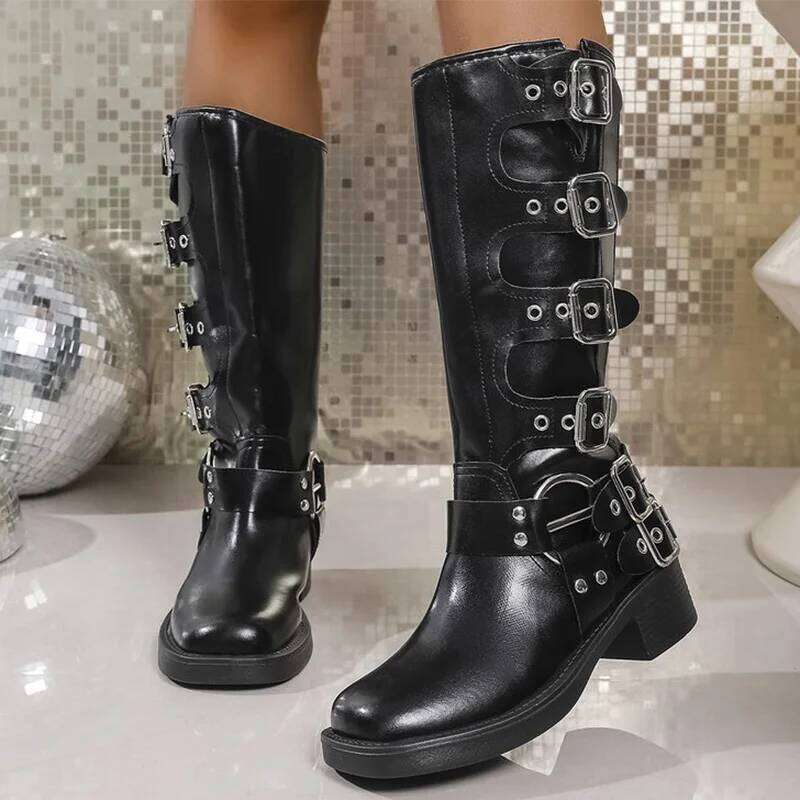 Fashion Buckle Strap Midi-Calf for Women Autumn Winter Brown Rivet Wedges Boots Woman Plus Size Pu Leather Botas Mujer