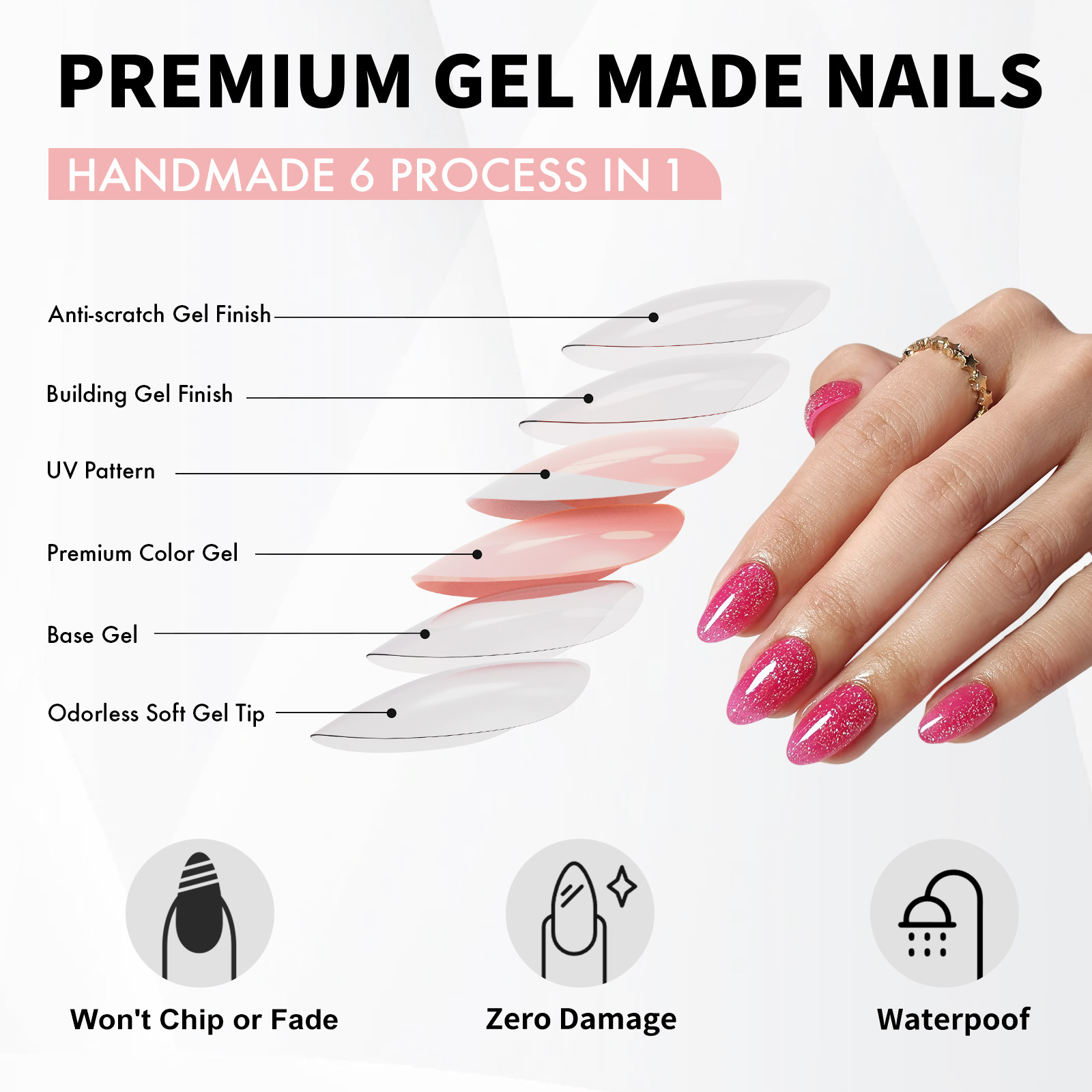 starlight hot pink presson nails with shining diamonds soft jelly gel false almond nails with glue 16 sizes 32 reusable pieces