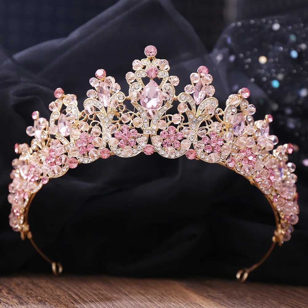 Baroque Handmade Pink Crystal Beads Bridal Tiara Crown Rhinestone Pageant Diadem Floral Headpiece Wedding Hair Dress cessories L250928JBNA