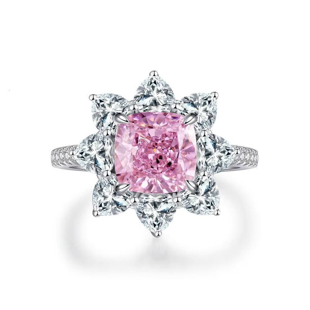 Wholesale S925 Sterling Silver Ice Flower Cut Ring for Women Radiant Pink Diamond Gemstone European American Style for Gift