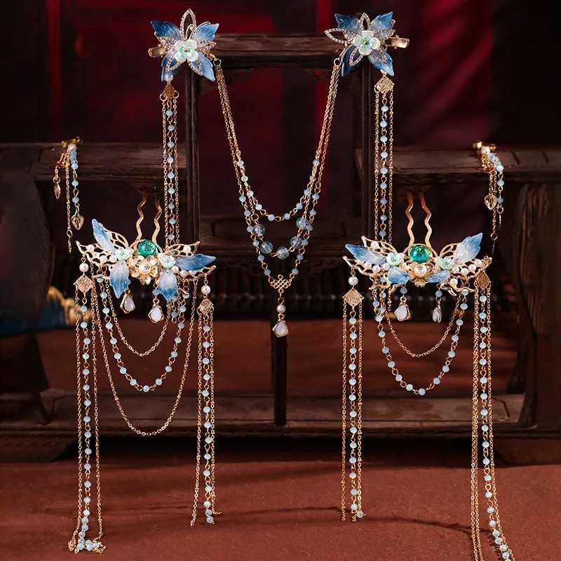 Long Tassel Hair Clip Chiain Forehead Headdress Chinese Hanfu Hair cessory Blue Flower Hairpin Retro Wedding Hair Jewelry Sets L2509283CNP