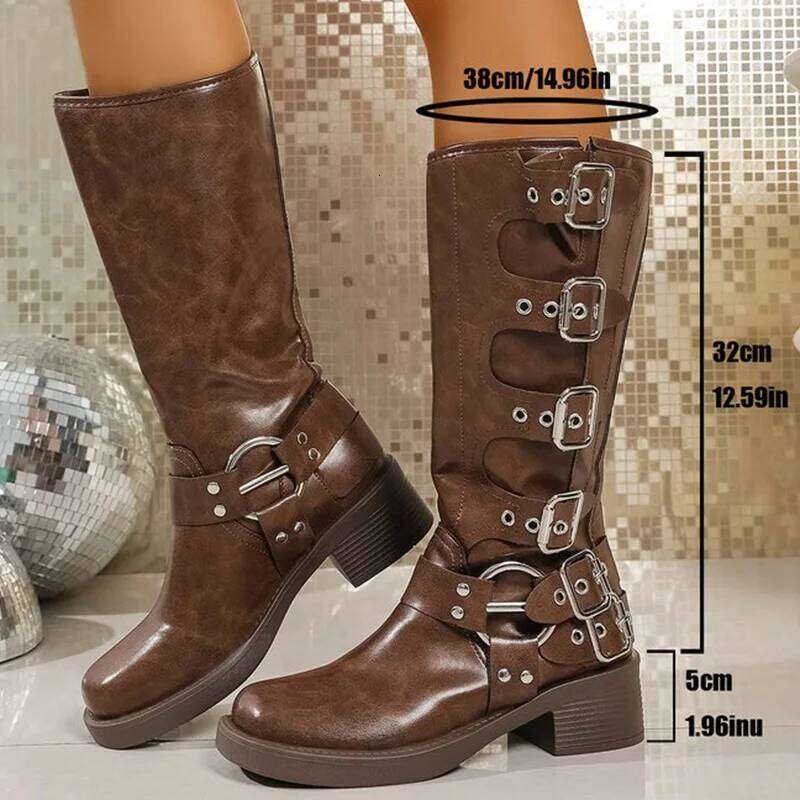 Fashion Buckle Strap Midi-Calf for Women Autumn Winter Brown Rivet Wedges Boots Woman Plus Size Pu Leather Botas Mujer
