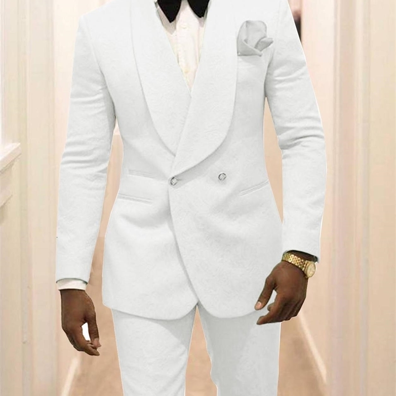 Mens Suits Blazers Custom Made Groomsmen White Pattern Groom Tuxedos Shawl Lapel Men 2 Pieces Wedding Man JacketPants Costume Homme 221117