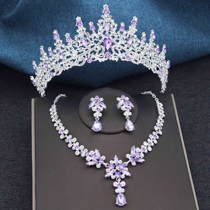 Silver Color Opal Blue Wedding Crown Jewelry sets for Women Tiaras and Earrings neckle set Princess Girls Prom Gifts cessory L250928E4L2