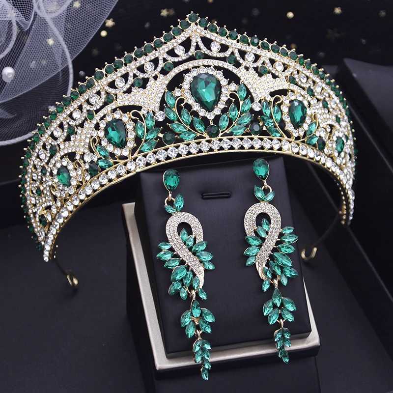Royal Queen Green Crystal Tiaras Wedding Crown earring Set Bridal Diadem for Princess Wedding headdress Bride Hair Jewelry L2509286BH8