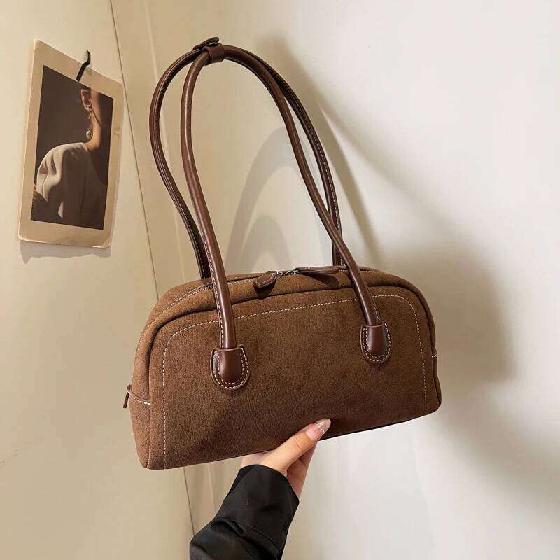 Women Multi Pocket Underarm Faux Suede Tote Purse Zipper Satchel Designer Brand Ladies Shoulder Bag