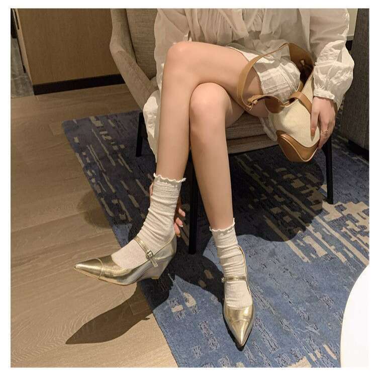 Pointed Toe Wedge One Strap Mary Jane Autumn Winter New Full Leather Solid Color High heel Shallow Mouth Designer Shoe Single Shoes for Women