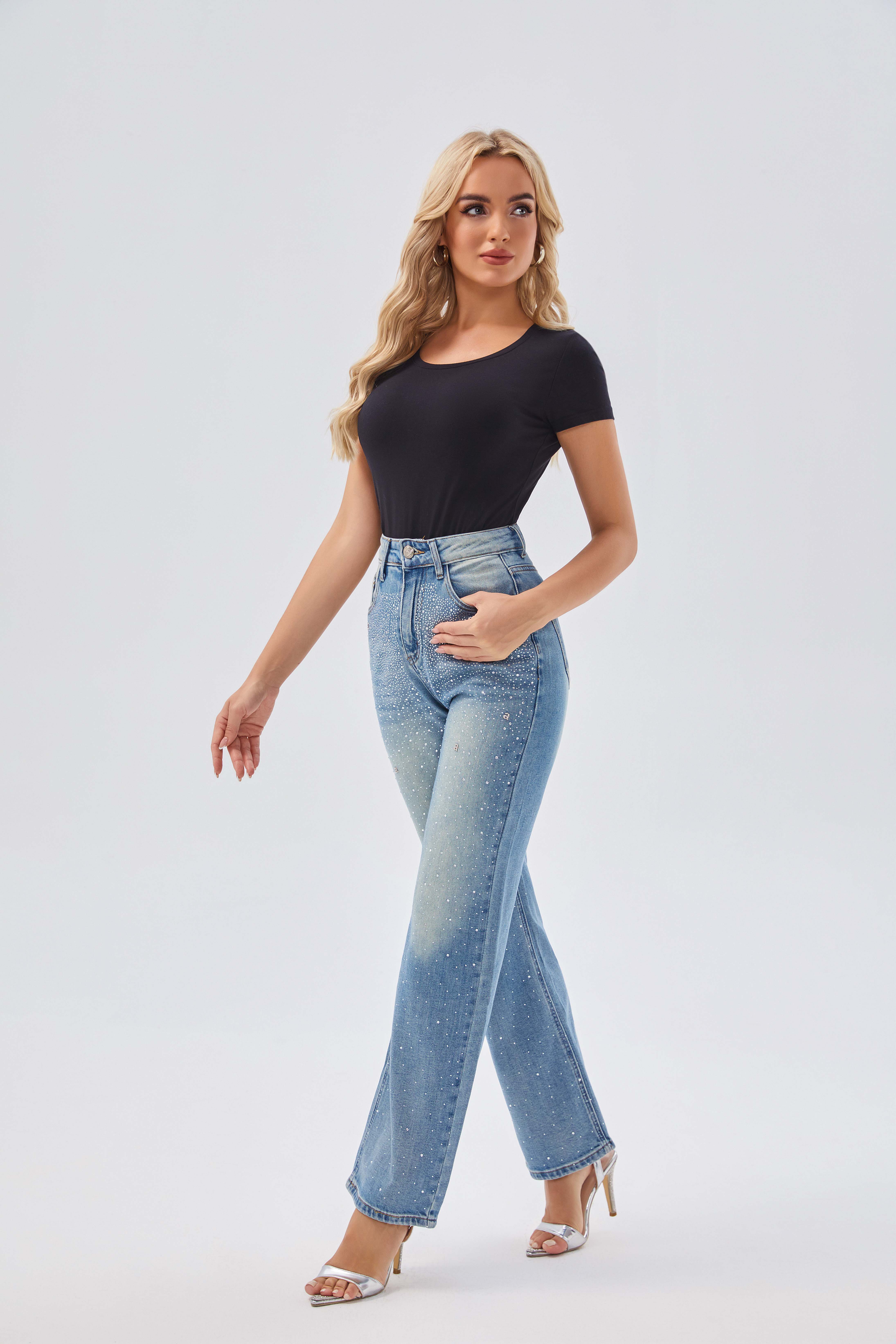 Women's Jeans Women's High - Waist Wide - Leg Rhinestone Embellished Denim Floor - Length Jeans, Glamorous Casual Pants for Special Occasion