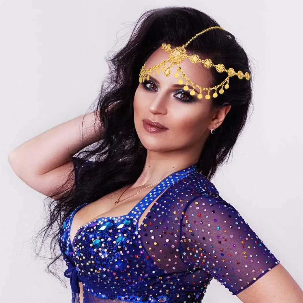 Egyptian Crystal Forehead Headpiece Gold Color Alloy Hollowed Rhinestone Coin Tassel Head Chain Womens Dance cessories L250928MMHQ