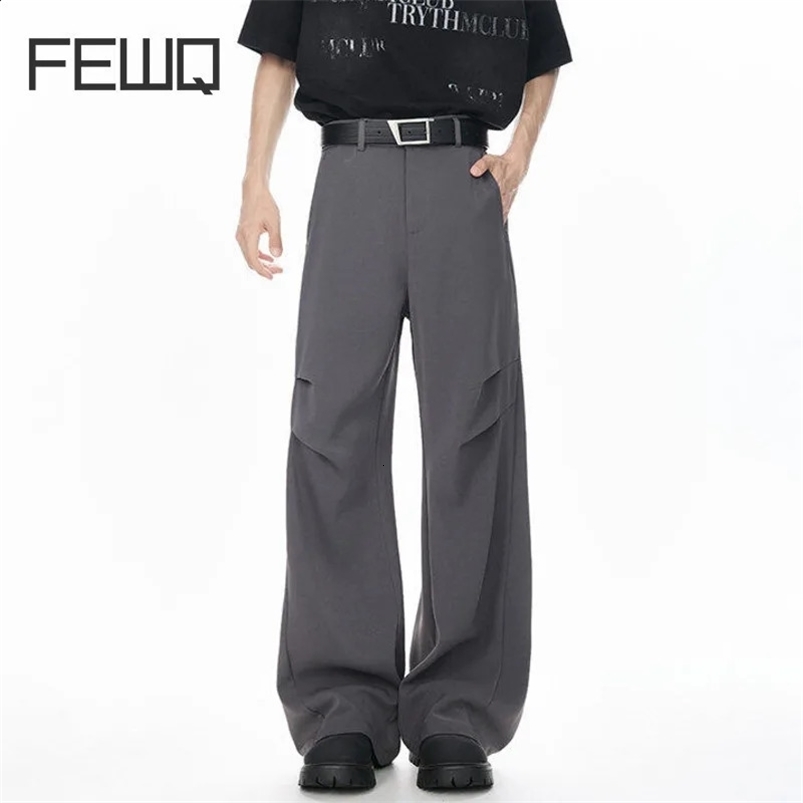 FEWQ Korean Style Mens Suit Pants Solid Color Ice Silk Pleated Casual Bottom Drape Wide Leg Loose Male Trousers 24K4297 250521