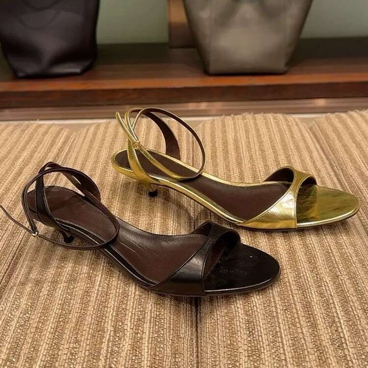 Cowhide Version French Niche Cat heel Strap Open Toe Sandals for Women 2025 New High heheels Slippers