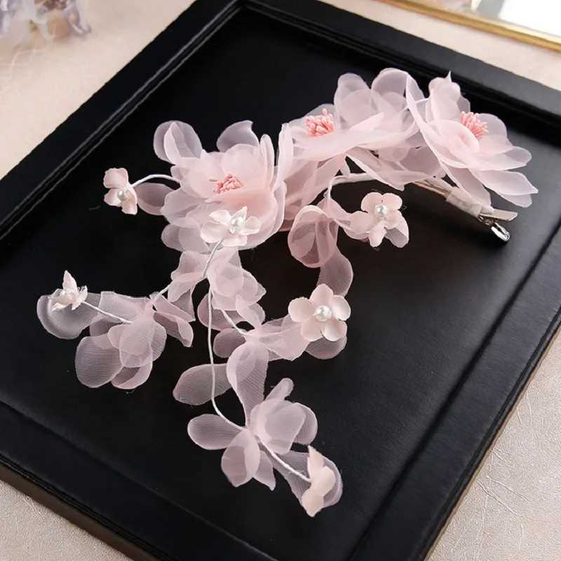 Fairy Flower Hair Clip Bridal Tiaras Pink Floral Pearl Hairpin For Women Bride Wedding Hair cessories Trend Noiva Head Jewelry L250928AMHI
