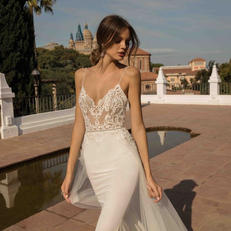 Classy Berta Mermaid Backless Wedding Dresses Spaghetti Straps Beaded Plus Size Lace Bridal Gowns Tulle Trumpet Overskirt Vestido De Novia 9P29