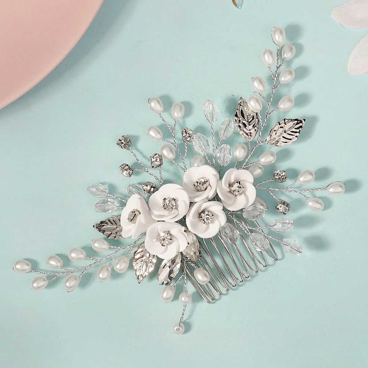 White Soft Ceramic Flower Womens Hair Comb Pearl Rhinestone Daily Hair Clip Wedding Party Bridal Jewelry Headdress L2509282KR8