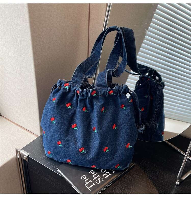 Bucket Embroidered Handbag Denim Niche Design Fashion Designer Bags Large Capacity Shoulder Underarm Commuter Women's Bag