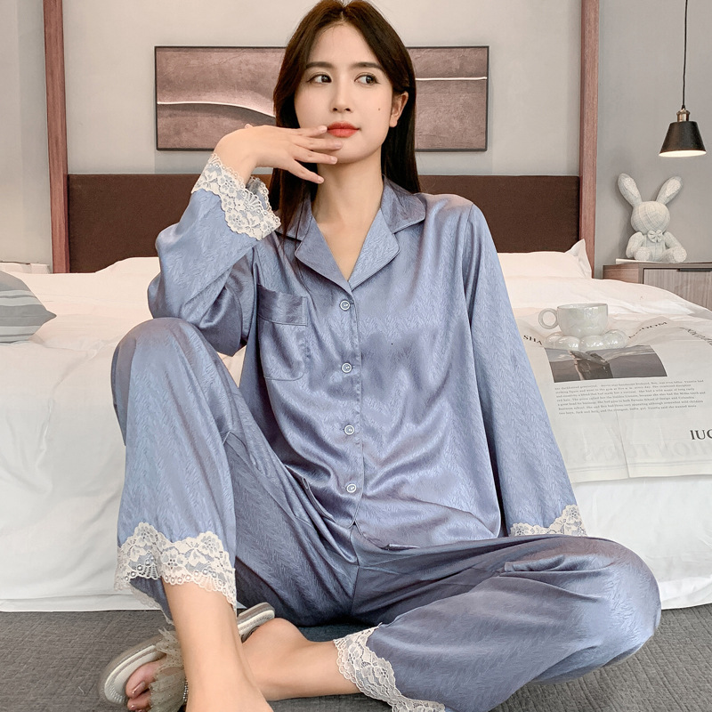 Herringbone Pattern New Womens Pajamas Spring and Autumn Thin Ice Silk Long Sleeve Highend Imitation Silk Homewear Plus Size Set 220827