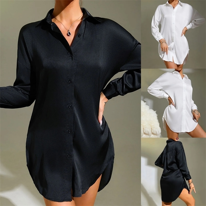 Spring Summer WomenS Shirts Office Lady Blouse Ice Silk Pajamas Button Up Long Sleeve Women Black White Tee Shirts 250617