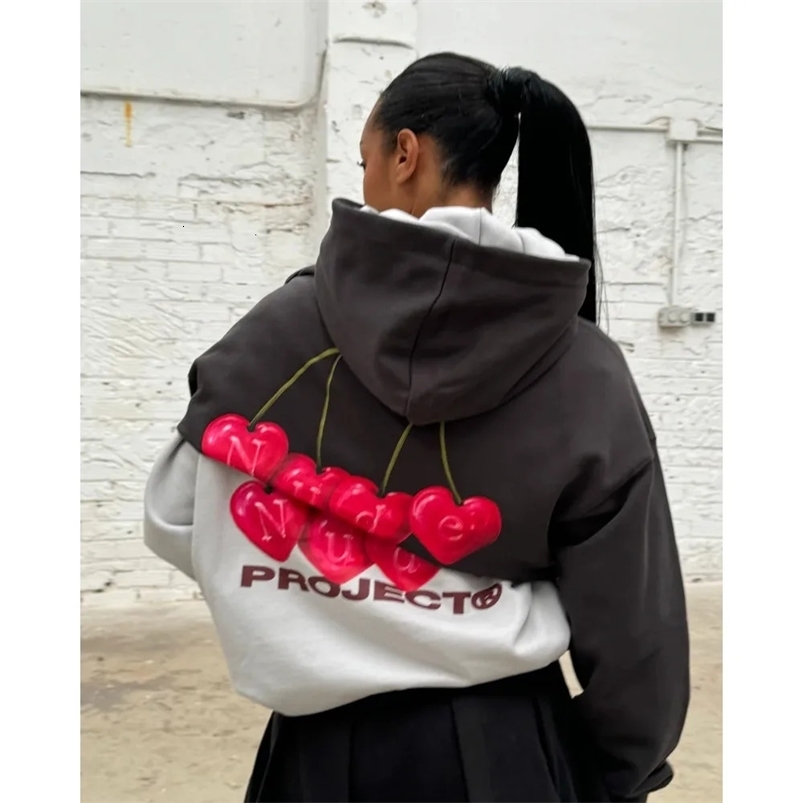 Womens Spring Cherry Hoodie Ice Grey Nude Hoodie Womens Sweater Fashion Loose Large Sport Super Large Hoodie Casual Street 250324