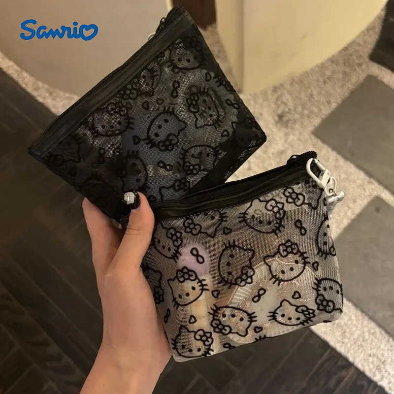 Sanrio New 2025 Hello Kitty Mesh Material Storage Bag Portable Zipper Coin Purse Creative Earphone Bag Cute Girls Cosmetic Bag L250929