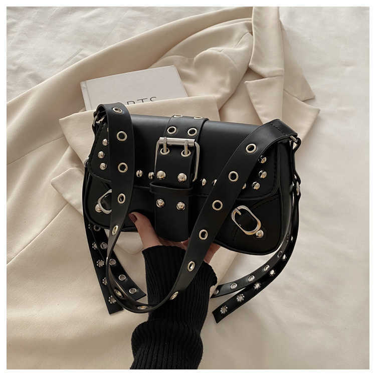 2025 New Textured Trendy Hot Girl Rivet Leopard Print Unique Design Motorcycle Single Shoulder Crossbody Underarm Baguette Womens Bag L250928
