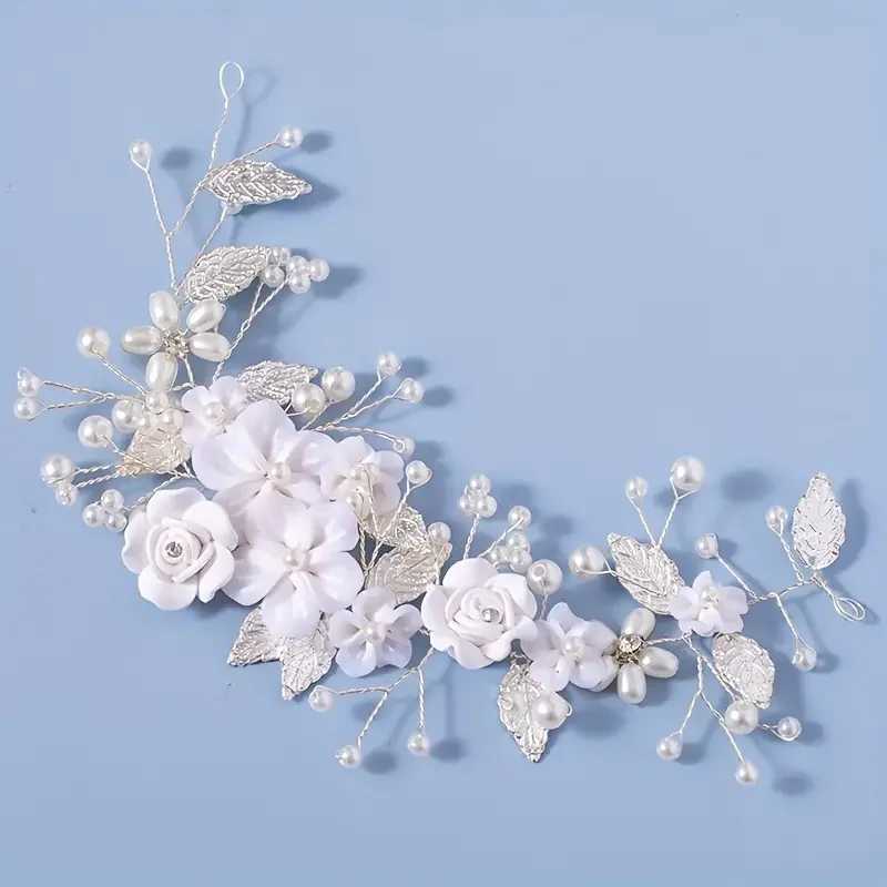 1 piece of white soft pottery flower bridal hair cessory gold silver alloy leaf bridal handmade headpiece L2509288WLF