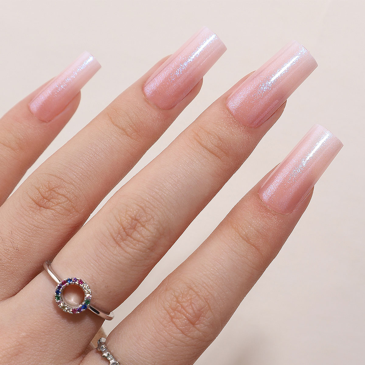 a long style press on nail gel set in the aurora gradient shiny style including adhesive 16 size options and 32 press on false nails