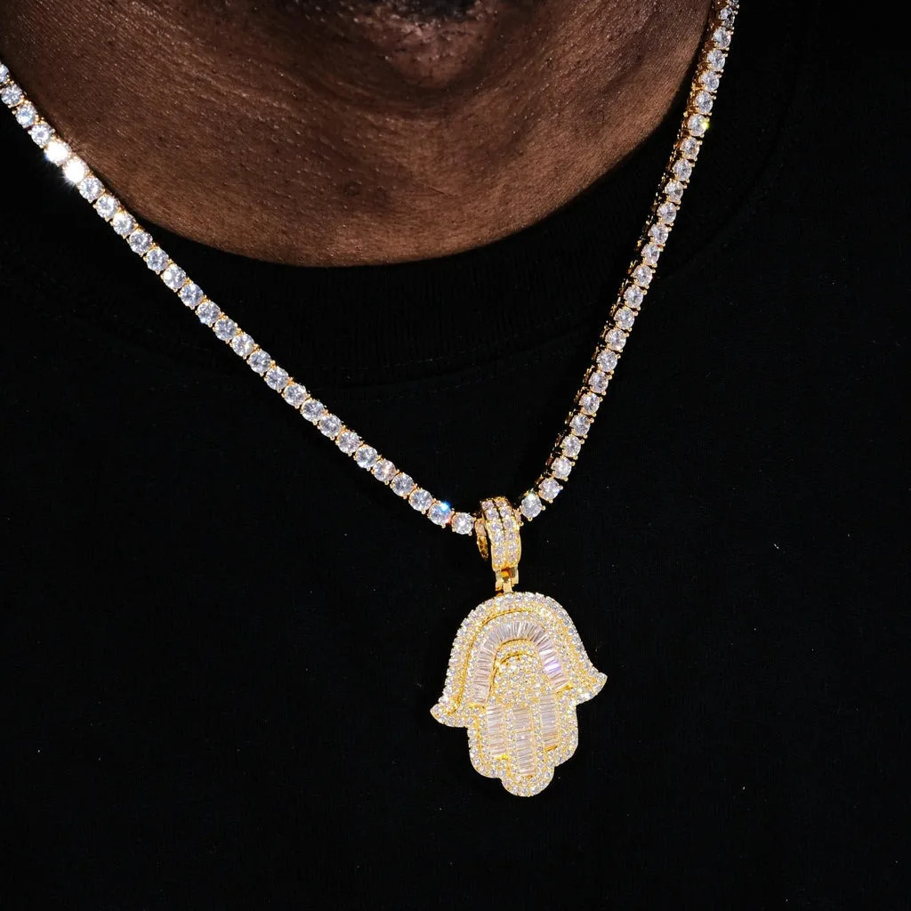 Hip Hop Jewelry Micro Iced Out Baguette CZ Hamsa Hand Pendant with 24 TennisRope Chain Necklaces for Men Women 250922