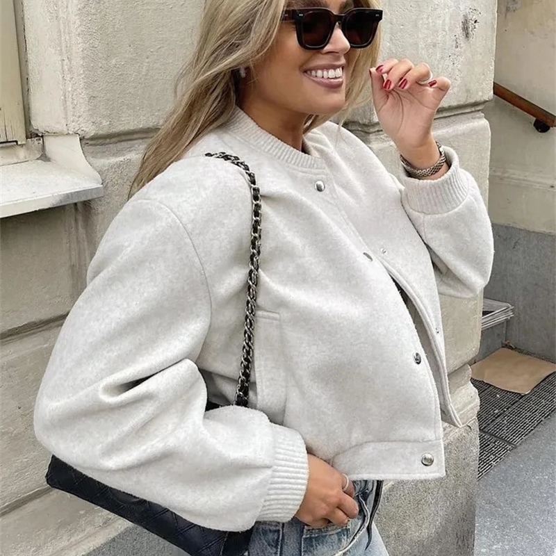 TRAF Vintage Women Soft Cropped Bomber Jacket 2023 Female Autumn Winter Woolen Cloth Woman Fashion Short Coats 240910Z