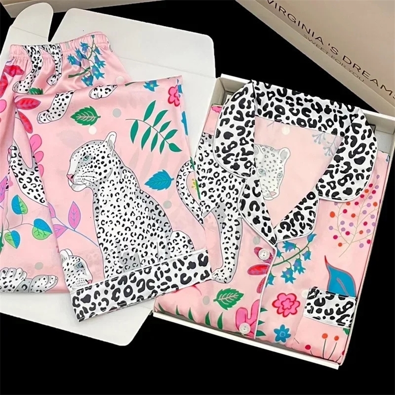 Snow Leopard Print Sleepwear Spring Autumn Pajama Sets Long Sleeves Pants Pijamas Splicing Lapel Satin Silk Nightwear 241214wtt