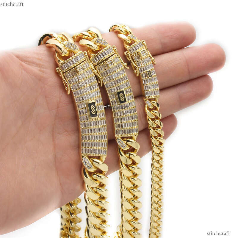6mm-14mm Hip Hop Stainless Steel Miami Cuban Link Chain Necklace Full 5A Zircon Clasp 14K/ Plated Accessories Gold Jewelry Set
