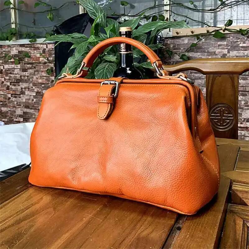 chongsukei Original Soft Buffalo Leather Doctor Bag Womens Vintage Shoulder Bag Crossbody Purse Spacious Cowhide Ladies Handbag