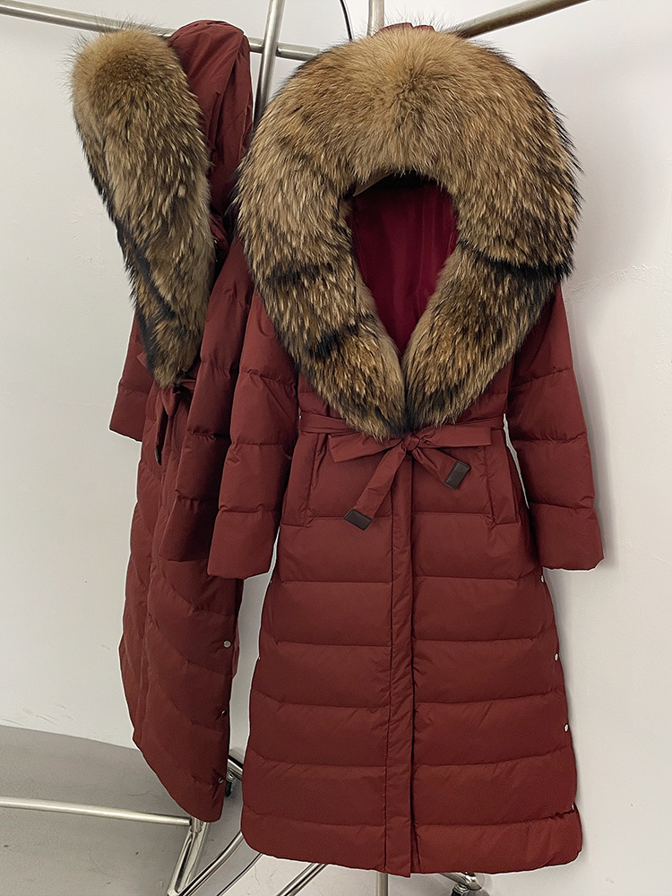 25 cross-border designer's new fox fur collar hooded down jacket for women, long style with tie up waist, slimming down puffer jacket women doudo