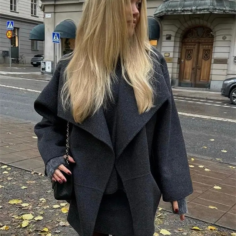 Autumn Fashion Woolen Blends Coats Women Elegant Turndown Collar Long Sleeve Solid Jackets Chic Female Warm Street Overcoat 240110