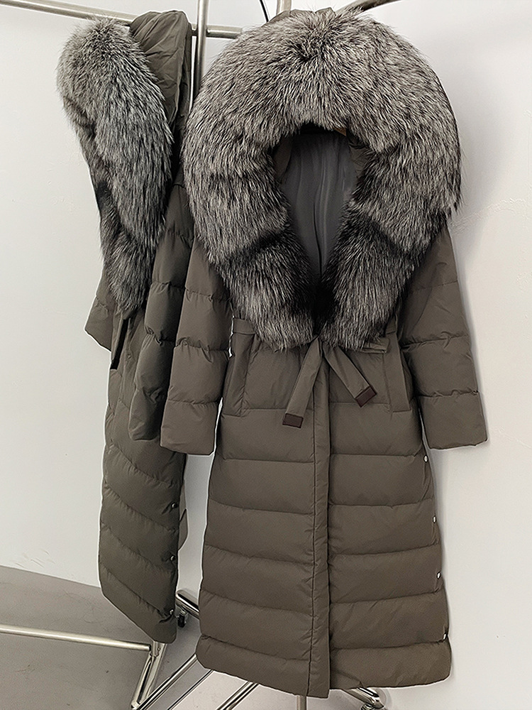 25 cross-border designer's new fox fur collar hooded down jacket for women, long style with tie up waist, slimming down puffer jacket women doudo