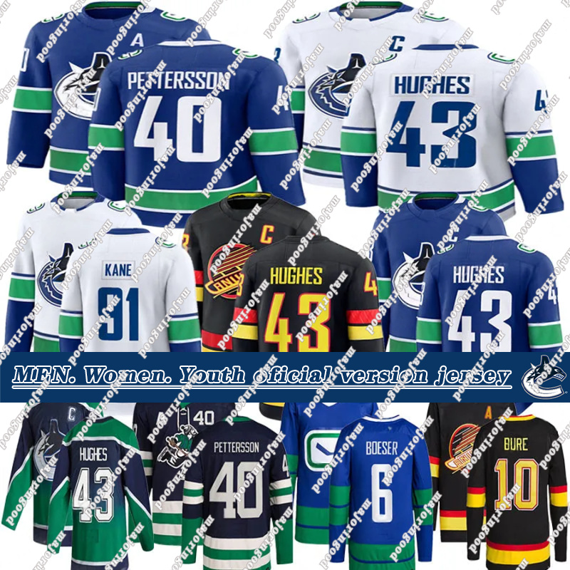 #43 Quinn Hughes hockey jersey Canuck jersey #40 Elias Pettersson Evander Kane Brock Boeser Trevor Linden Jake DeBrusk Thatcher Demko Conor Garland Pavel Bure jerseys