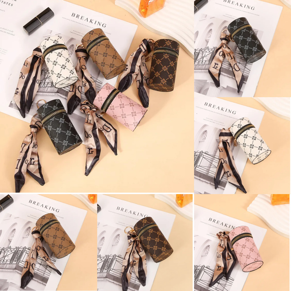 Keychains Lanyards Key Rings Mini Bag Pendant Leather Coin Purses Keychains Lipstick Pouch with Silk Scarf Holder Car Keyrings Portable for Women Girls 555