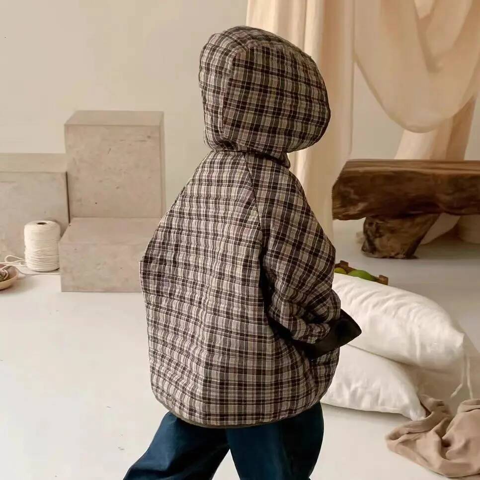 Childrens Winter 2025 New Padded Coat Korean Fashion Casual Daily Plaid Hooded Thicken Cotton-padded Parkas Girls Boys Clothes ddmyshoesvip