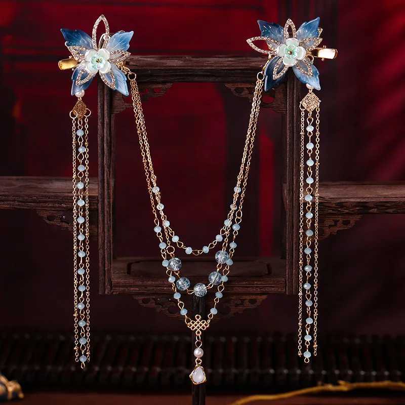 Long Tassel Hair Clip Chiain Forehead Headdress Chinese Hanfu Hair cessory Blue Flower Hairpin Retro Wedding Hair Jewelry Sets L2509283CNP