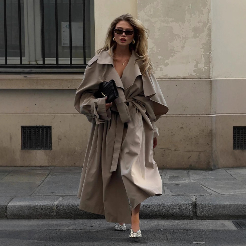 Fashionable Elegant Solid Color Shawl Sleeve Long Trench Coat for Women Autumn Style 250929