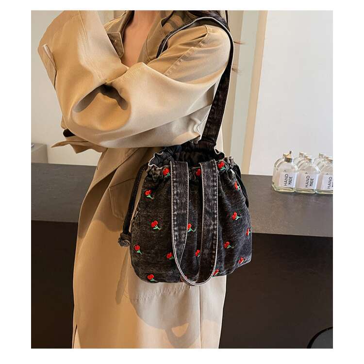 Bucket Embroidered Handbag Denim Niche Design Fashion Designer Bags Large Capacity Shoulder Underarm Commuter Women's Bag
