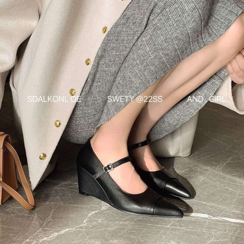 Pointed Toe Wedge One Strap Mary Jane Autumn Winter New Full Leather Solid Color High heel Shallow Mouth Designer Shoe Single Shoes for Women