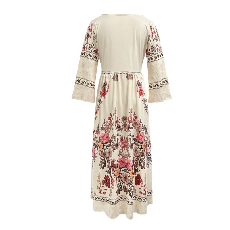Women's Fall Bohemian Floral Print Long Sleeve Midi Dress - French Elegant Western Style Milk Silk Casual Loungewear Dress-CF52910
