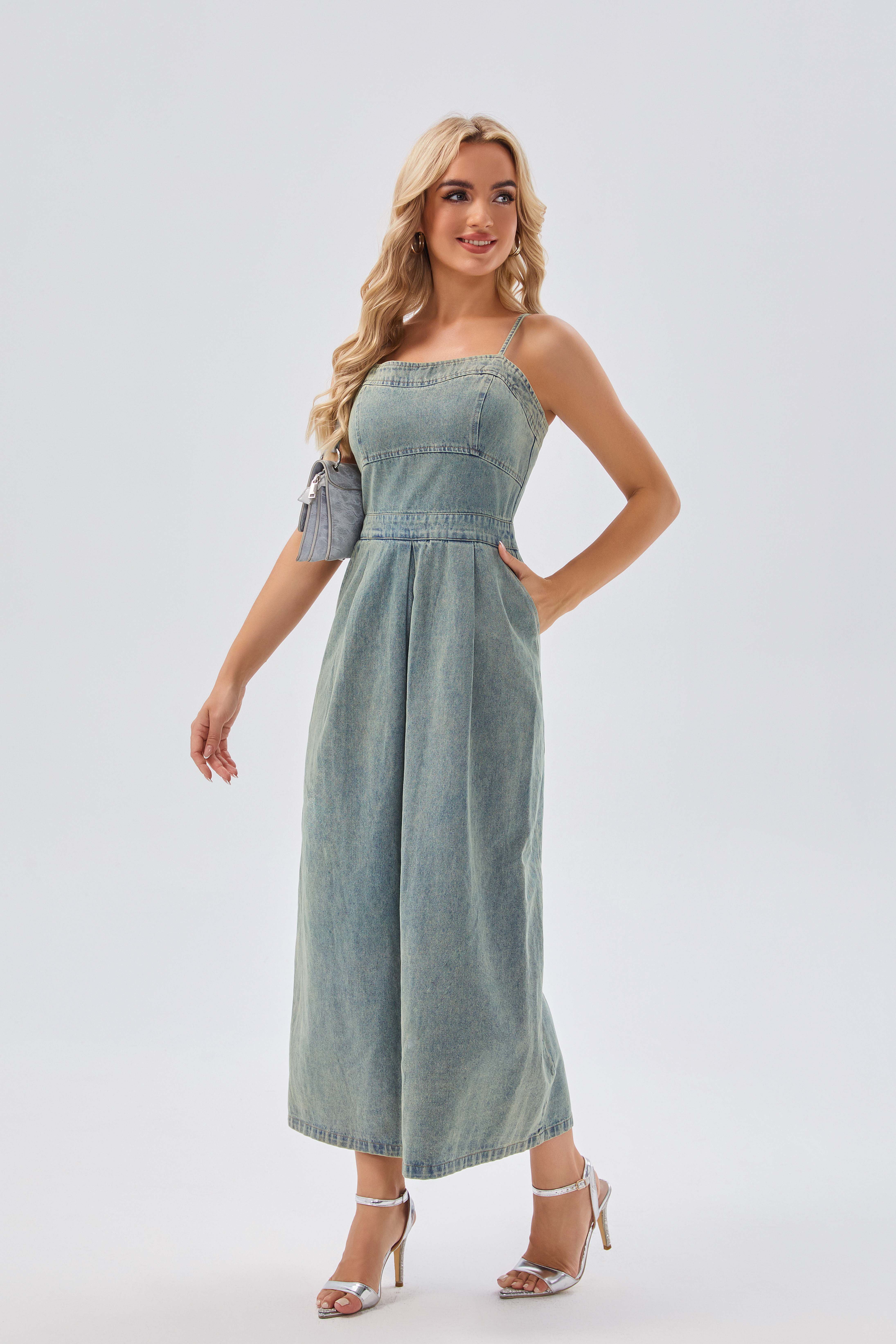 Basic & Casual Dresses Women's Denim Strapless Jumpsuit - Stylish Wide - Leg Overall Dress for Summer and Casual Occasions