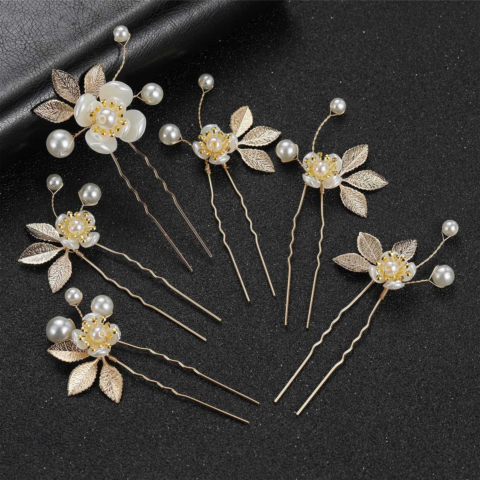 Wedding Pearl Flower Hairpin Side Comb Golden Leaf Alloy Tiaras Wedding Bride Insert Hair Clips Hair Jewelry Bride Headwear 5Pcs L2509280E84